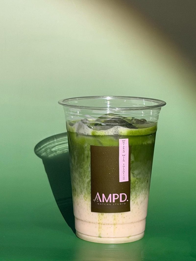 AMPD. Classic Matcha latte in a clear cup
